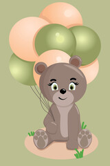 Cute teddy. Funny illustration of a bear with balloons. Baby Hare