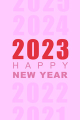 Happy New Year 2023 text illustration with year numbers on pink background.