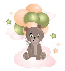 Cute teddy. Funny illustration of a bear with balloons. Baby Hare