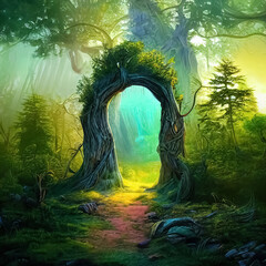 Magic teleport portal in mystic fairy tale forest. Gate to parallel fantasy surreal world.