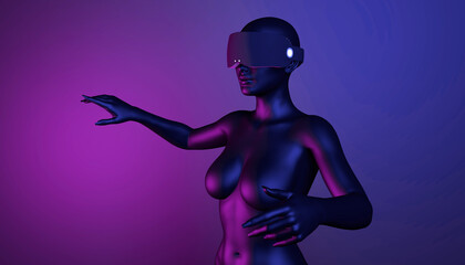 Fototapeta premium Metaverse digital cyber world technology, man with virtual reality VR goggle playing AR augmented reality game and entertainment, NFT game futuristic lifestyle. 3d render