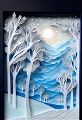Layered White and Blue Paper Design of Winter Forest