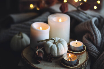 Autumn home composition with aromatic candle, dry citrus, cinnamon, anise. Aromatherapy on a grey fall morning, atmosphere of cosiness and relax. Wooden background close up copy space