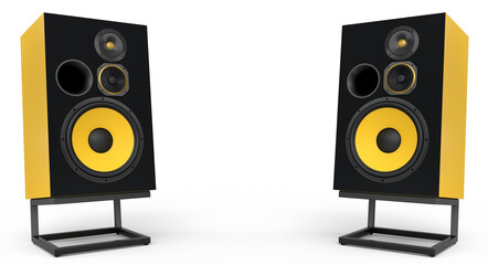 Hi-fi speakers with loudspeakers on stand on white background.