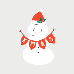 Vector hand drawn winter illustration of a snowman with a carrot and a Santa hat. Xmas. Design greeting cards, posters, gift wrapping.