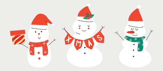 Vector hand drawn winter illustration of a snowman with a carrot and a Santa hat. Design greeting cards, posters, gift wrapping.