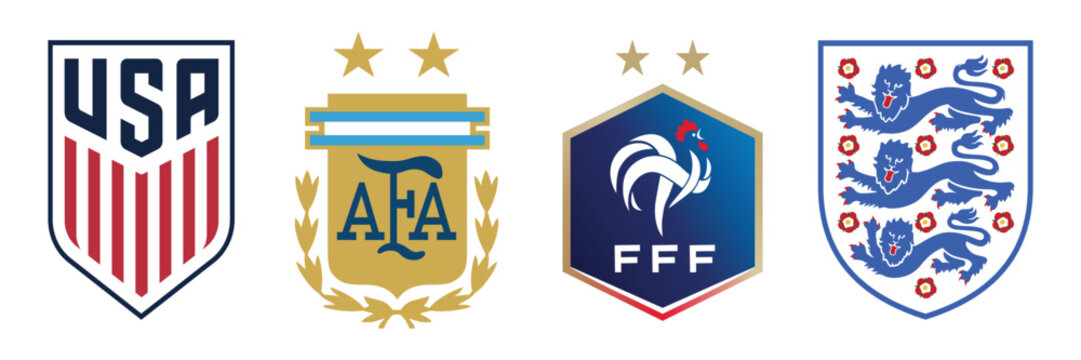 Vector logo of USA national football team. Vector logo of Argentina national football team. Vector logo of France national football team. Vector logo of England national football team. 
