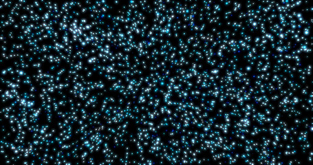 Christmas New Year snowfall from small glowing flying snowflakes particles dots blue white shiny festive isolated on black background. Abstract background. Screensaver