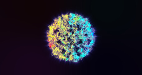 Fototapeta premium Abstract unusual beautiful bright glowing explosion of a star ball of a sphere from small multi-colored particles with rays in space background
