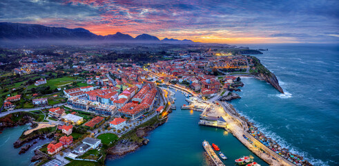 Aerial view of Llanes at sunset in Asturias.