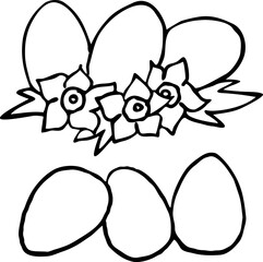 Easter eggs with spring flowers. Line art doodle vector illustration. Set of elements for decoration for happy Easter party.