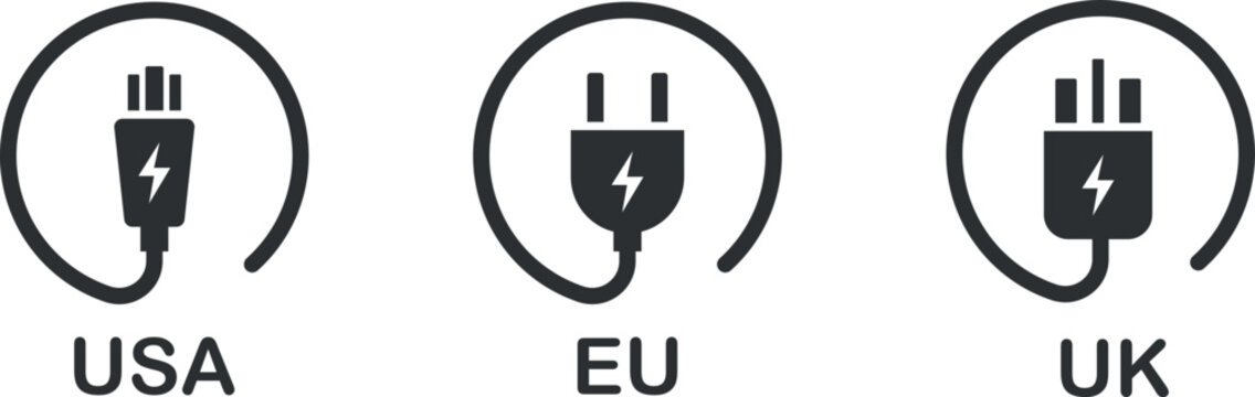 Types of socket plugs icon set. Cable plugs type usa, uk, eu illustration symbol. Sign electric plug vector flat.