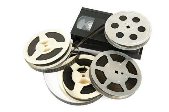 Film reel and videotape isolated on white background.