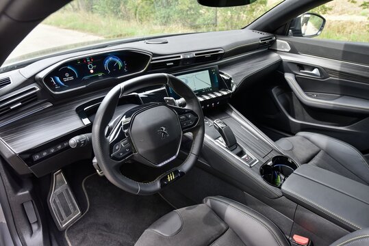 Peugeot 508 PSE. Sporty tuned car with plug-in hybrid drive. Cabin interior - dashboard. 08-31-2022, Middle Bohemia, Czech Republic.