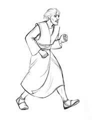 Pencil drawing. Peter and John run to the tomb of Jesus