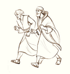 Fototapeta premium Pencil drawing. Peter and John run to the tomb of Jesus