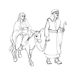 Fototapeta na wymiar Pencil drawing. Joseph and Mary go to Bethlehem