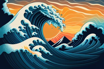 illustration of big wave in the ocean mountains in the background, sunset or sunrise