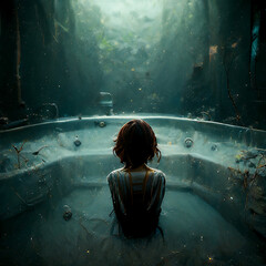 Sad girl crying in a bath tub digital illustration