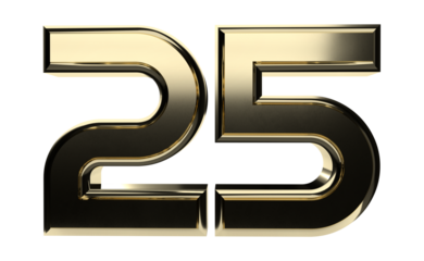 Isolated Logo of Alphabet 25, Silver Jubilee Anniversary. Gold Metallic 3D Render Illustration.
