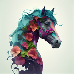 Double exposure of a horse and flower, Generative AI
