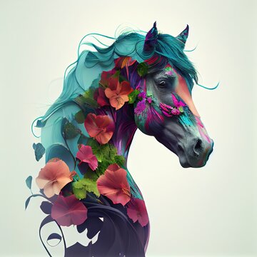 Double Exposure Of A Horse And Flower, Generative AI