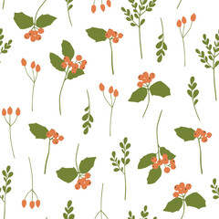 Seamless pattern with holly berry and botanical elements. Hand drawn background vector illustration.