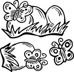 Easter eggs with spring butterflies. Line art doodle vector illustration. Set of elements for decoration for happy Easter.