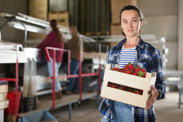 Woman engaged on fruit sorting line, carrying box with strawberry in a storage