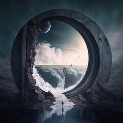 Fototapeta premium Fantasy temporary majestic stone portal to another world. Time Portal. Mysterious fantasy landscape, round arch, clock, noen light, night view. 