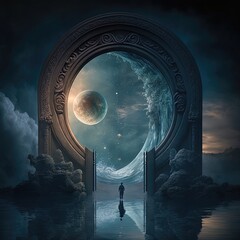 Fantasy temporary majestic stone portal to another world. Time Portal. Mysterious fantasy landscape, round arch, clock, noen light, night view. 