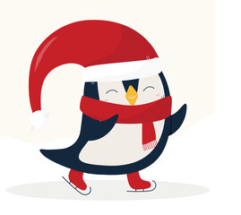 Christmas pinguin on skates. Cartoon flat style