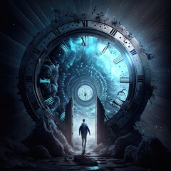 Fantasy temporary majestic stone portal to another world. Time Portal. Mysterious fantasy landscape, round arch, clock, noen light, night view. 