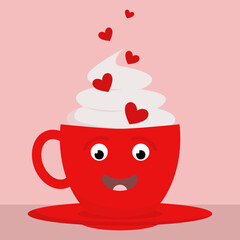 simple vector illustration cup with face and hearts