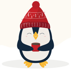 Christmas pinguin in red hat and with cup. Cartoon flat style