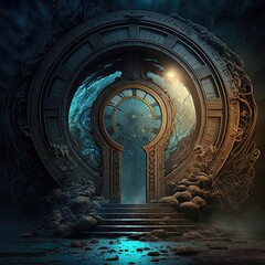 Fantasy temporary majestic stone portal to another world. Time Portal. Mysterious fantasy landscape, round arch, clock, noen light, night view.  - obrazy, fototapety, plakaty