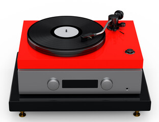 Vinyl record player or DJ turntable with retro vinyl disk on white background.