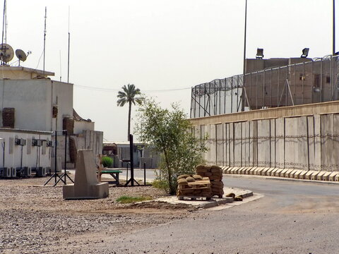 Blast barriers along a road on a British Forward Operating Base in Basra, Iraq, during Operation Iraqi Freedom