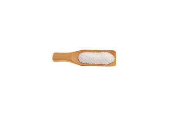 Sodium benzoate, sodium salt of benzoic acid in wooden scoop. White crystalline powder, C6H5COONa. Food additive E211, Preservative. It has a strong depressing effect on yeast and mold fungi
