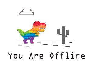 Flatlay picture of colourful pop it dinasour with you are offline word, pixel cactus and cloud. No...