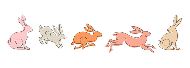 Collection of rabbits, bunnies linear illustrations. Chinese new year 2023, year of the rabbit - set of traditional Chinese zodiac symbol, illustrations, art elements. Lunar new year concept, modern