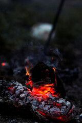 Smoldering logs, heat, fading fire, ashes. Autumn rural landscape, macro photography. Autumn photo,...