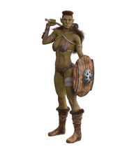 Fantasy female orc warrior with green skin holding an axe over her shoulder and a shield on her arm. Isolated 3D rendering.