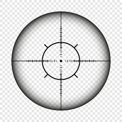 Weapon sight, sniper rifle optical scope. Hunting gun viewfinder with crosshair. Aim, shooting mark symbol. Military target sign, silhouette. Game interface UI element. Vector illustration