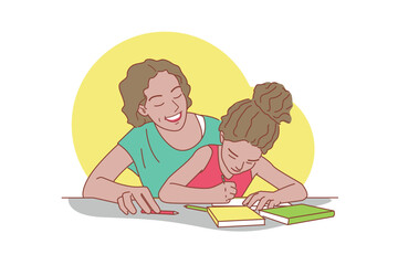 mother and daughter watching daughter do homework encourage daughter mothers day holiday illustration flat vector