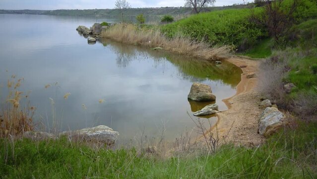Wildlife landscape, coast and slopes with steppe vegetation of the Khadzhibey Estuary