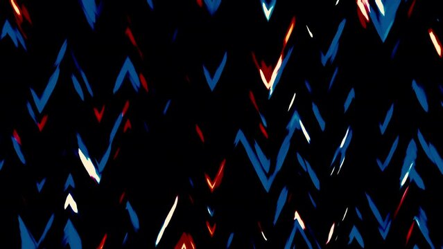 Colorful moving pattern with zigzags. Motion. Moving triangular zigzags with flickering in stream. Colorful shimmering waves with triangular patterns move on black background