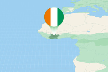 Map illustration of Ivory Coast with the flag. Cartographic illustration of Ivory Coast and neighboring countries.