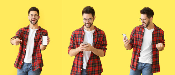 Collage of young man with mobile phone on yellow background