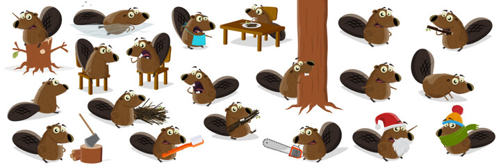 big funny cartoon beaver collection - obrazy, fototapety, plakaty